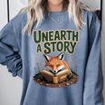Unearth A Story Fox Reads a Book Comfort Colors Sweatshirt Denim Unearth A Story Fox Reads a Book Comfort Colors Sweatshirt Denim