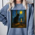 Van Gogh Starry Night Art Cat And Book Lovers Premium Tri-Blend Comfort Colors Sweatshirt Denim