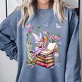 Watercolor Butterfly Fairy Read Book Library Fantasy Novel Comfort Colors Sweatshirt Denim