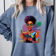 Woman Reading Book Lover Geometric Girl Afro History Comfort Colors Sweatshirt Denim