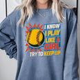Women's Girls Softball Play Like A Girl Comic Book Pop Art Comfort Colors Sweatshirt Denim Women's Girls Softball Play Like A Girl Comic Book Pop Art Comfort Colors Sweatshirt Denim