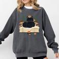Cat On Open Book Mushrooms Ferns Dark Academia Comfort Colors Sweatshirt Pepper