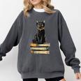 Cat Sitting On Books Comfort Colors Sweatshirt Pepper