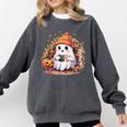 Cute Ghost Drinking Coffee Halloween Reading Book Retro Comfort Colors Sweatshirt Pepper
