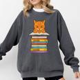 Cute Orange Tabby Cat Reading On Pile Of Books Comfort Colors Sweatshirt Pepper