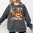 Fox Reads By Fireplace In Cabin Rustic Book Cozy Cup Tea Comfort Colors Sweatshirt Pepper
