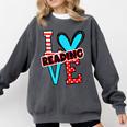 I Heart Books Love Reading Red And Stripe Animated Cat For Men Women Girls Kids Comfort Colors Sweatshirt Pepper