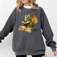 Women's Dragon Bookworm Reading Book Graphic Comfort Colors Sweatshirt Pepper