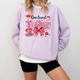 HUGvyn One Loved Teacher Valentine Book Heart Reading Bow Comfort Colors Sweatshirt Crimson HUGvyn One Loved Teacher Valentine Book Heart Reading Bow Comfort Colors Sweatshirt Crimson
