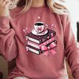 All Booked For Valentine's Teacher Coquette Bow Coffee Book Comfort Colors Sweatshirt Orchid