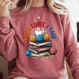 “Books Coffee & Yarn Enthusiast Cozy Reader Comfort Colors Sweatshirt Orchid
