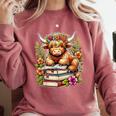 Bookworm Cute Highland Cow Reading Book Comfort Colors Sweatshirt Orchid
