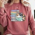 Cat On Books Pets Cats Reading Book Nerd Read Reader Bookcat Comfort Colors Sweatshirt Orchid