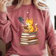 Cat Reading Books Comfort Colors Sweatshirt Orchid