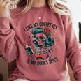 I Like My Coffee ICY & My Books Spicy For Book Lovers Comfort Colors Sweatshirt Orchid I Like My Coffee ICY & My Books Spicy For Book Lovers Comfort Colors Sweatshirt Orchid