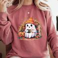 Cute Ghost Drinking Coffee Halloween Reading Book Retro Comfort Colors Sweatshirt Orchid
