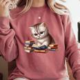 Cute Kitten Bookworm Adorable Cat With Glasses Reading Book Comfort Colors Sweatshirt Orchid