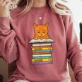 Cute Orange Tabby Cat Reading On Pile Of Books Comfort Colors Sweatshirt Orchid