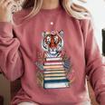 Cute Tiger With Book Floral Bookworm Librarian Book Lover Comfort Colors Sweatshirt Orchid