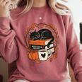 Fall Book Teacher Cat Books Halloween Autumn Librarian Comfort Colors Sweatshirt Orchid