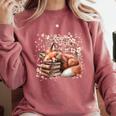 Fox And Book Lover Graphic For Women And Spring Pink Flower Comfort Colors Sweatshirt Orchid