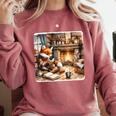 Fox Reads By Fireplace In Cabin Rustic Book Cozy Cup Tea Comfort Colors Sweatshirt Orchid