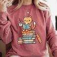Kawaii Cat Coffee Books Teacher Men Women Girls Kids Comfort Colors Sweatshirt Orchid