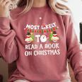 Most Likely To Read A Book On Christmas Snowman Family Comfort Colors Sweatshirt Orchid