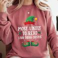 Most Likely To Read A Book Matching Christmas Elf Comfort Colors Sweatshirt Orchid