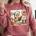 Owl Learning To Cook With Cookbook Chef Apron Stove Cooking Comfort Colors Sweatshirt Orchid
