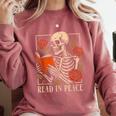 Read In Peace Skeleton Reading Book Halloween Teacher Comfort Colors Sweatshirt Orchid