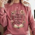 She Blooms Among The Pages Women Mom Wife Floral Book Lover Premium Tri-Blend Comfort Colors Sweatshirt Orchid