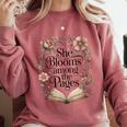 Women's She Blooms Among The Pages Women Mom Wife Floral Book Lover Comfort Colors Sweatshirt Orchid