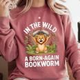 Women's Wild About Reading Book Reader Lion Zoo Animals Kids Comfort Colors Sweatshirt Orchid