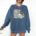 Cat On Books Pets Cats Reading Book Nerd Read Reader Bookcat Comfort Colors Sweatshirt Blue Jean