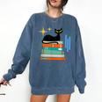 Cat And Books Retro Midcentury Mid Century Aesthetic Comfort Colors Sweatshirt Blue Jean