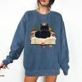 Cat On Open Book Mushrooms Ferns Dark Academia Comfort Colors Sweatshirt Blue Jean