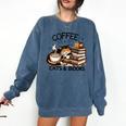 Cute Coffee Cats Books Lover Idea Women Men Kids Comfort Colors Sweatshirt Blue Jean