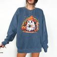 Cute Ghost Drinking Coffee Halloween Reading Book Retro Comfort Colors Sweatshirt Blue Jean