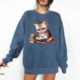 Cute Kitten Bookworm Adorable Cat With Glasses Reading Book Comfort Colors Sweatshirt Blue Jean