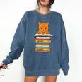 Cute Orange Tabby Cat Reading On Pile Of Books Comfort Colors Sweatshirt Blue Jean