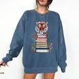 Cute Tiger With Book Floral Bookworm Librarian Book Lover Comfort Colors Sweatshirt Blue Jean