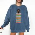 Cute Wiener Dog Dachshund Reading On Pile Of Books Comfort Colors Sweatshirt Blue Jean