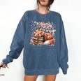 Fox And Book Lover Graphic For Women And Spring Pink Flower Comfort Colors Sweatshirt Blue Jean