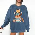 Kawaii Cat Coffee Books Teacher Men Women Girls Kids Comfort Colors Sweatshirt Blue Jean