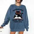 Read Banned Books Drink Coffee Fight Evil Retro Cat Comfort Colors Sweatshirt Blue Jean