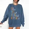 Sip Tea Pet Cats Read Books Repeat Book Cat Lover Comfort Colors Sweatshirt Blue Jean