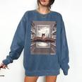 Totally Weird Tees Cat Library Book Reading Literary Comfort Colors Sweatshirt Blue Jean