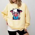 Adorable Book Lover Cow With Reading Glasses Cute Comfort Colors Sweatshirt Blue Spruce