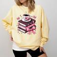 All Booked For Valentine's Teacher Coquette Bow Coffee Book Comfort Colors Sweatshirt Blue Spruce